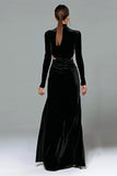 Black Velvet High Neck Long Sleeves Formal Dress with Slit