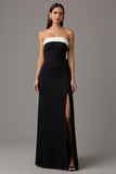 Strapless Black and White Sheath Long Formal Dress with Slit