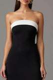 Strapless Black and White Sheath Long Formal Dress with Slit