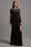 Illusion Neck Black Sheath Long Sleeves Formal Dress with Slit