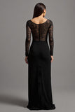 Illusion Neck Black Sheath Long Sleeves Formal Dress with Slit