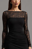 Illusion Neck Black Sheath Long Sleeves Formal Dress with Slit