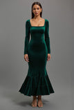 Mermaid Dark Green Velvet Long Sleeves Formal Dress