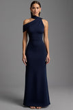 Navy Satin Asymmetrical Neck Long Formal Dress
