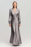Grey Ruched Satin V Neck Long Formal Dress