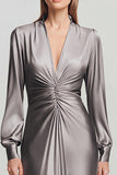 Grey Ruched Satin V Neck Long Formal Dress