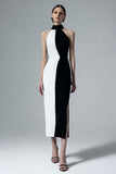 High Neck Black and White Sheath Midi Formal Dress with Slit