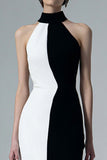 High Neck Black and White Sheath Midi Formal Dress with Slit