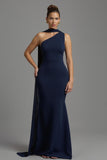 Mermaid Navy Satin Neck Scarf Long Formal Dress