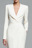 Ivory Sheath V-Neck Work Dress With Long Sleeves