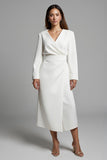 Ivory V-Neck A Line Satin Long Work Dress With Sleeves