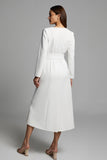 Ivory V-Neck A Line Satin Long Work Dress With Sleeves
