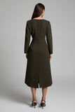 Dark Olive Satin Boat Neck Pencil Midi Work Dress With Sleeves