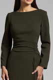 Dark Olive Satin Boat Neck Pencil Midi Work Dress With Sleeves