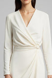 Ivory Ruched Satin Pencil Long Sleeves Midi Work Dress With Slit