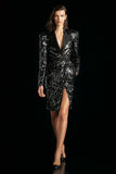 Sparkly Black Peak Lapel Women Blazer Dress With Slit