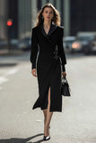 Black Sheath Long Sleeves Midi Blazer Dress With Slit