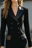 Pencil Black Double Breasted Midi Blazer Dress With Sleeves