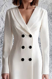 Elegant Ivory Double Breasted Midi Work Dress