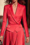 Red Peaked Lapel Long Sleeve Midi 2-piece Work Dress