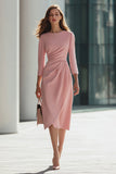 Pink Sheath Ruched 3/4 Sleeve Midi Work Dress