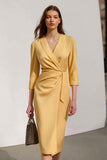 Yellow Shawl Lapel 3/4 Sleeve Ruched Sheath Work Dress