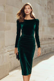 Dark Green Sheath Velvet Ruched Midi Work Dress with Long Sleeve