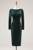 Dark Green Sheath Velvet Long Sleeve Midi Work Dress