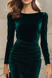 Dark Green Sheath Velvet Ruched Midi Work Dress with Long Sleeve