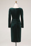 Dark Green Sheath Velvet Long Sleeve Midi Work Dress