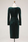 Dark Green Sheath Velvet Ruched Midi Work Dress with Long Sleeve
