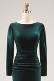 Dark Green Sheath Velvet Ruched Midi Work Dress with Long Sleeve