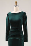 Dark Green Sheath Velvet Ruched Midi Work Dress with Long Sleeve
