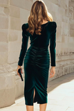 Dark Green Sheath Velvet Long Sleeve Midi Work Dress