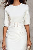 Ivory Sheath Midi Work Dress With Belt