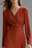 Red V-Neck Sheath Long Sleeve Midi Work Dress