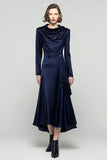 Navy Cowl neck Long Sleeve Work Dress With Belt
