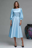 Blue A Line 3/4 Sleeve Satin Midi Work Dress