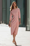 Pink Sheath Ruched 3/4 Sleeve Midi Work Dress