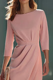 Pink Sheath Ruched 3/4 Sleeve Midi Work Dress