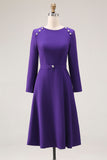 Purple Boat Neck Long Sleeve Work Dress