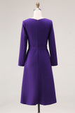 Purple Boat Neck Long Sleeve Work Dress