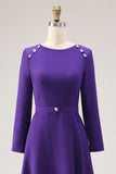 Purple A Line Boat Neck Long Sleeve Work Dress