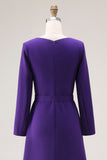 Purple A Line Boat Neck Long Sleeve Work Dress