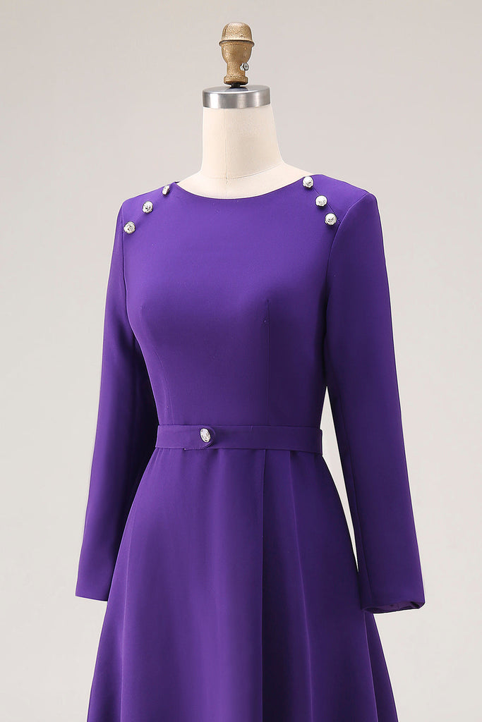 Zapaka Women Purple Work Dress A Line Boat Neck Long Sleeve Midi Semi ...