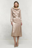 Champagne Cowl Neck Long Sleeve Satin Work Dress