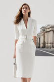 Ivory V-Neck Sheath Half Sleeve Work Dress With Belt