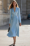 Blue Peak Lapel Long Sleeve A Line Midi Work Dress