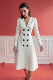 Ivory V-Neck Long Sleeve Double-breasted Work Dress