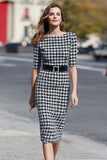 Black and White Plaid Sheath Work Dress With Belt
